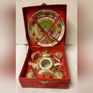 Vintage Chinese Teapot Set Hand-Painted Miniature Sake Tea Set in Silk Gift Box